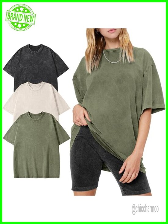Tops - 3 Pack Women's Oversized Cotton Short Sleeve Crew Neck T-Shirts Streetwear Tees